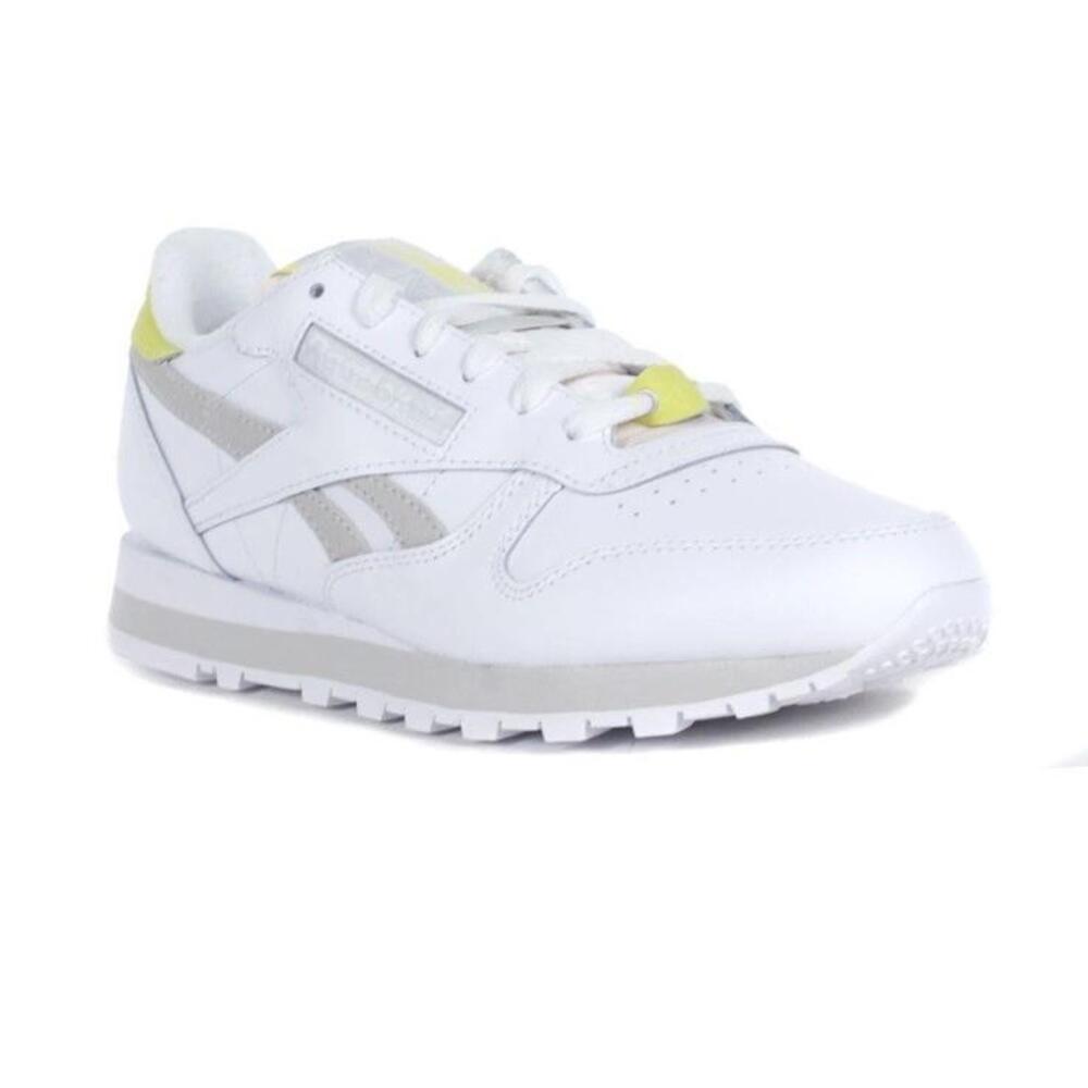Reebok Women's Classic Leather White/Grey/Acid Yellow Sneakers Womens 7.5